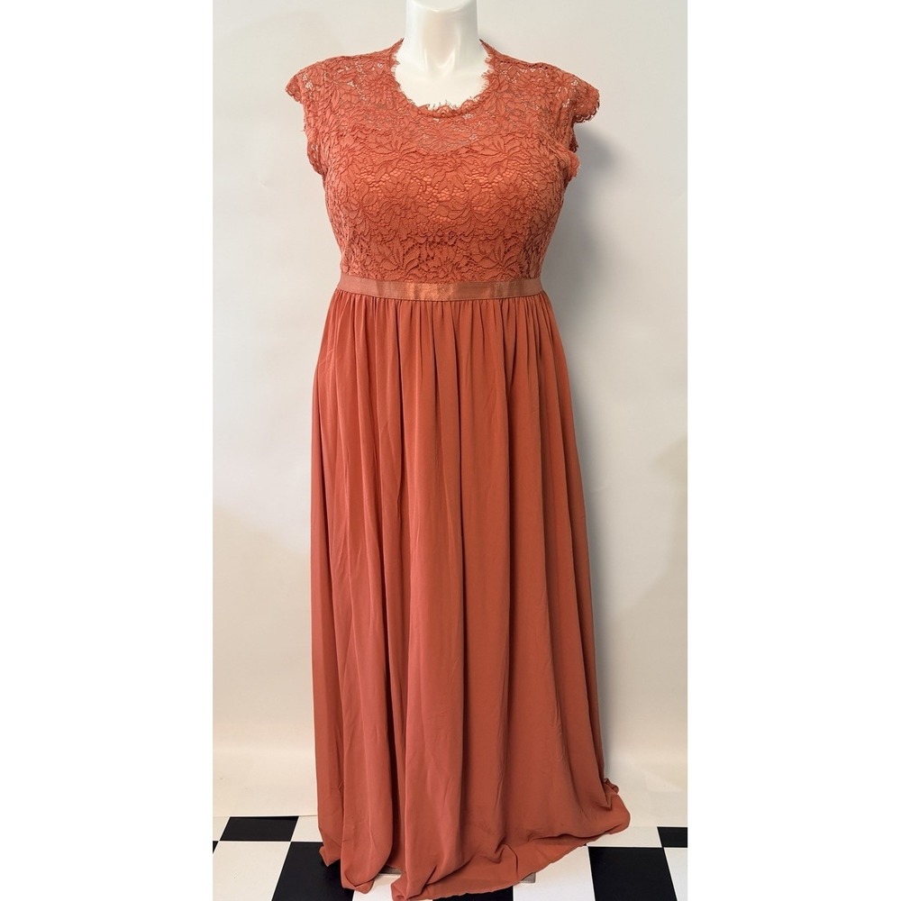 Bridesmaid Mother Of Bride Rusty Orange Maxi Dress Lace Stretch Slimming 3XL